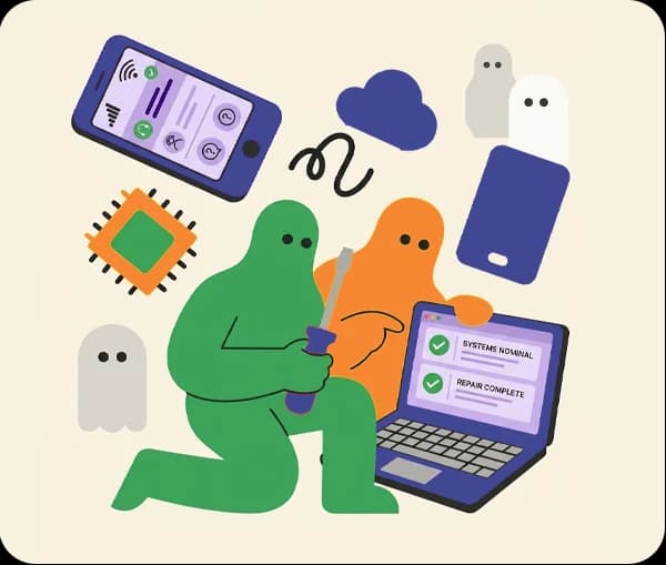 Illustration of IT support, devices, and digital solutions