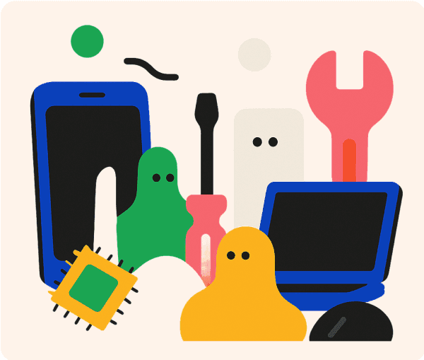 Illustration of IT support, devices, and digital solutions